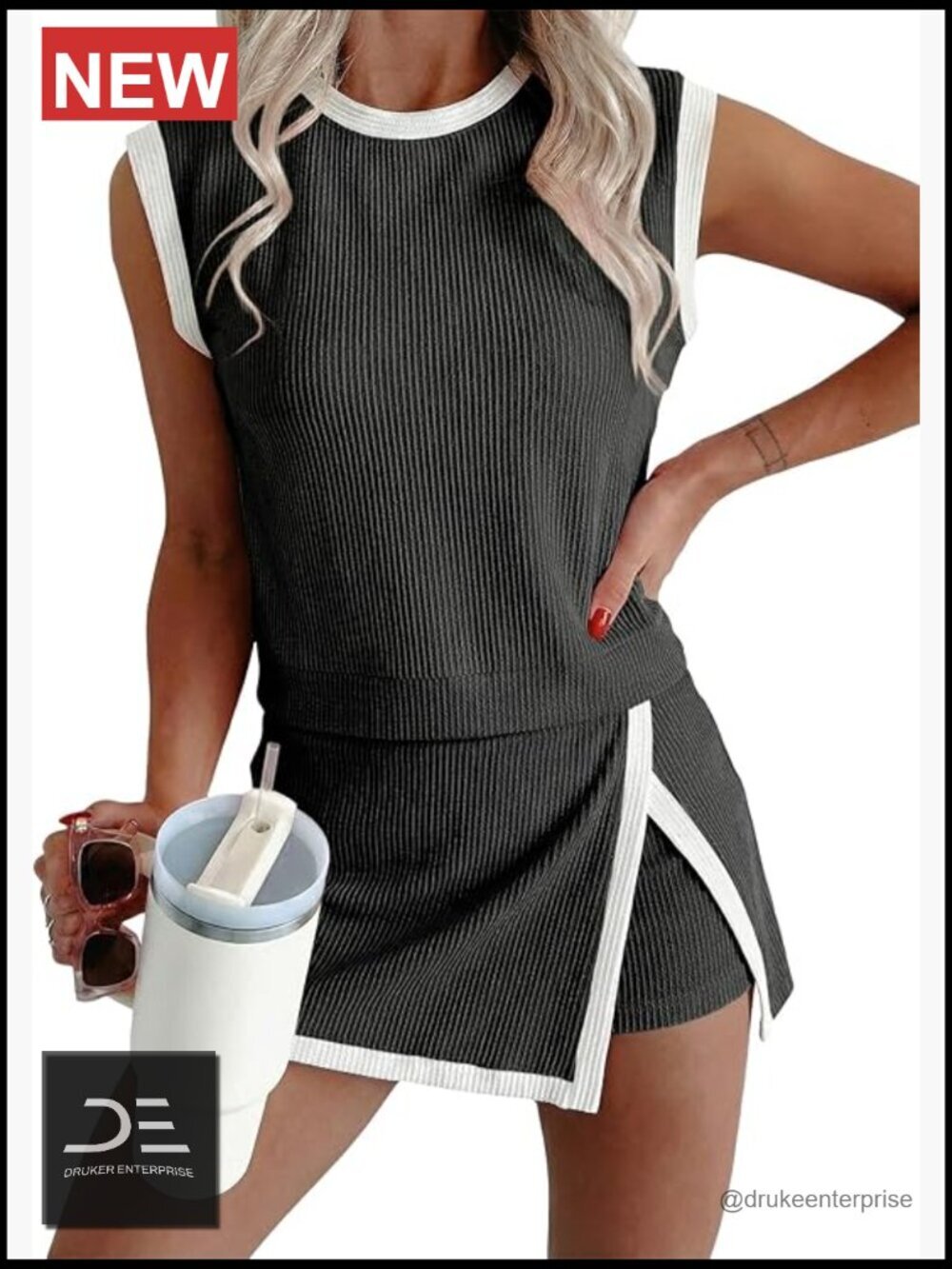 2 Piece Ribbed Knit Tank Top and Split Lined Skirt Lounge Set
